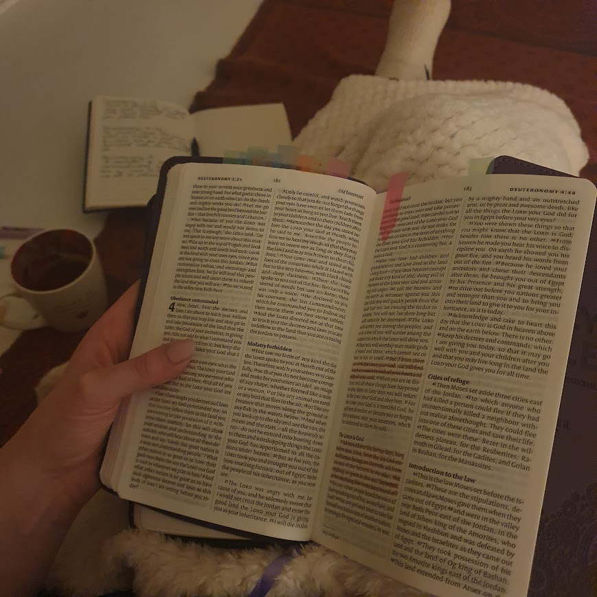 woman holding bible open